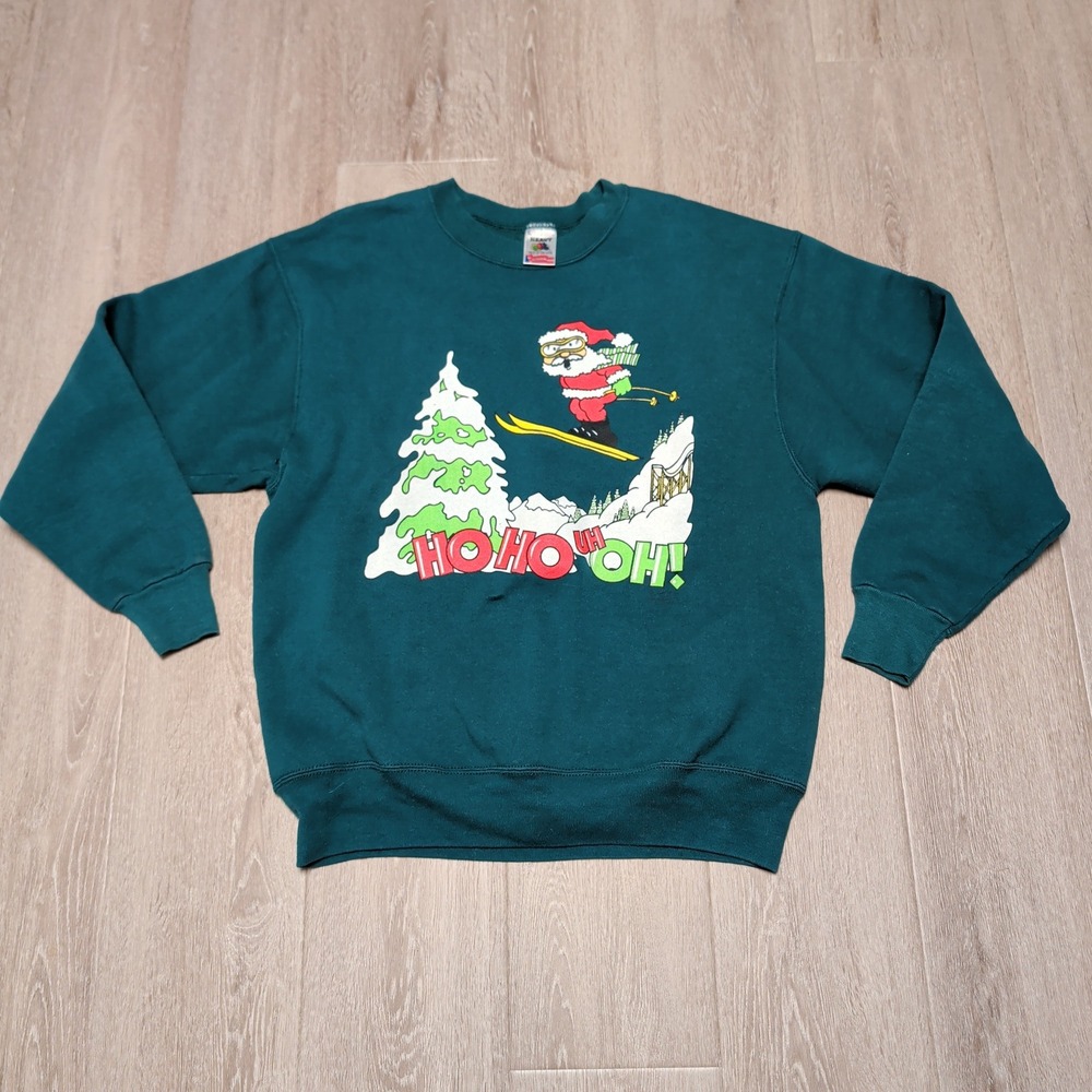 Vintage 90s USA Fruit of the Loom Skiing Santa Sweatshirt Mens Large Teal Green